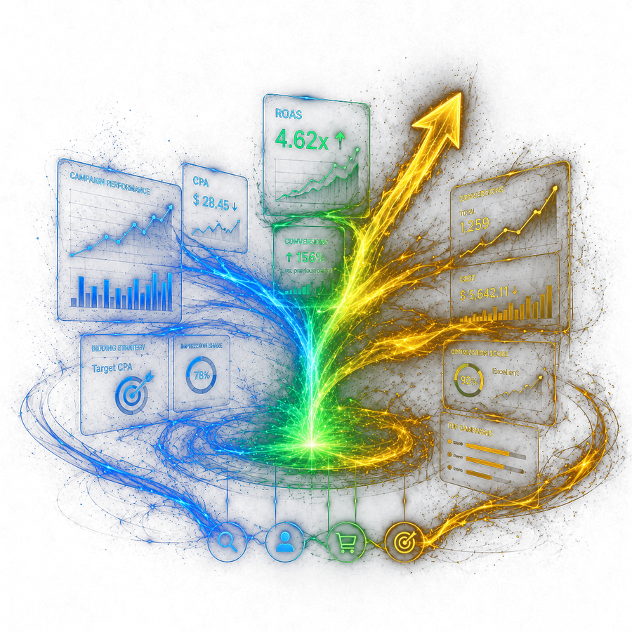 Agence Google Ads Bestoow : dashboard avec ROAS, CPA, conversions et top campagnes
